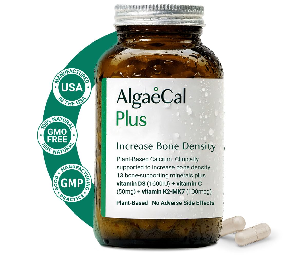 ALGAECAL Plus - Organic Red Algae Calcium Supplement, Vitamin K2 MK7 (100mg), Vitamin D3 (1600 IU), Magnesium (350mg) & Trace Minerals, for Bone Health & Strength, Easy to Swallow, 120 Veggie Caps