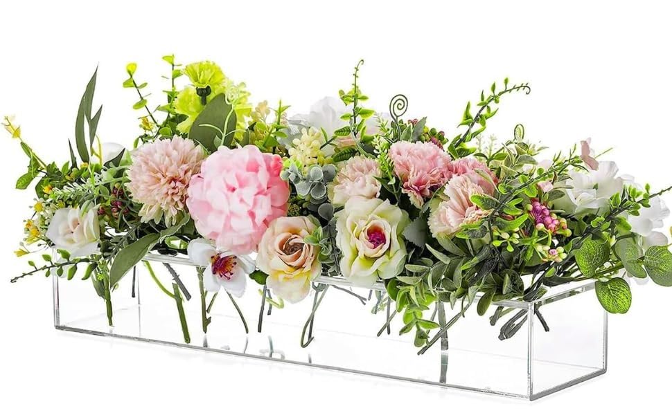 E&F Modern Designs Rectangular Floral Centerpiece Vases - 2 Pack 16 Holes Acrylic Clear Vase - Decorative Rectangle Flower Holder for Wedding Centerpiece Table Decorations