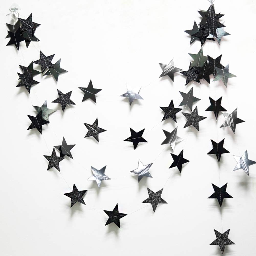 Cheerland New Years Eve Party Decoration Black Silver Crescent Moon Star Garlands for Halloween Birthday Decorations Hanging Twinkle Star Garlands for Bday Wedding EID Graduation Ramadan NYE Supplies