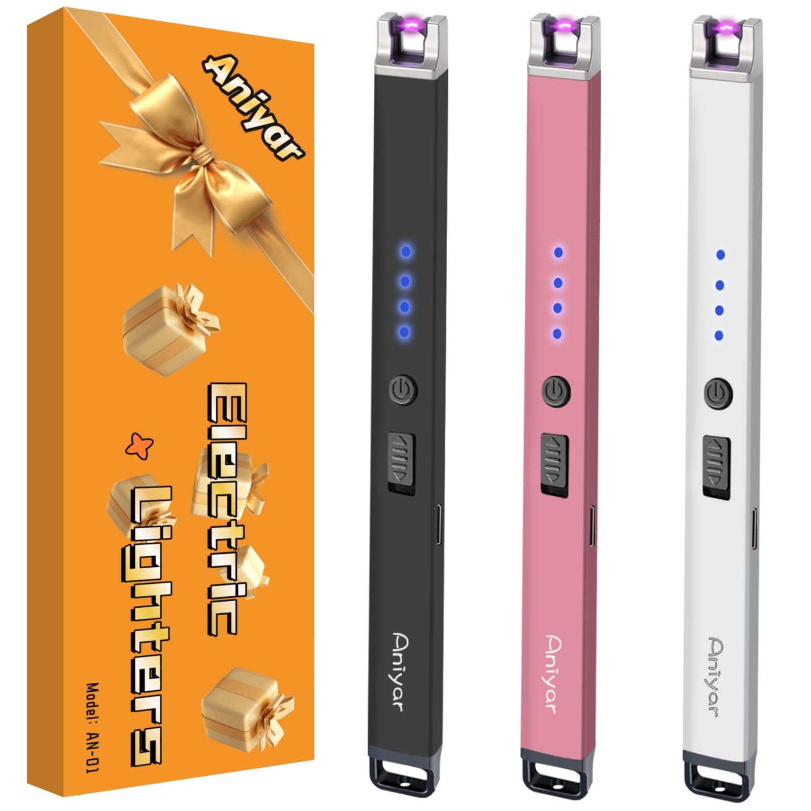 Christmas Stocking Stuffers - 3 Pack Electric Lighter, Birthday Gifts for Women Mom Men Wife Sister, Rechargeable USB Arc Long Candle Lighters for Candle Camping BBQ Black/Rose/Silver