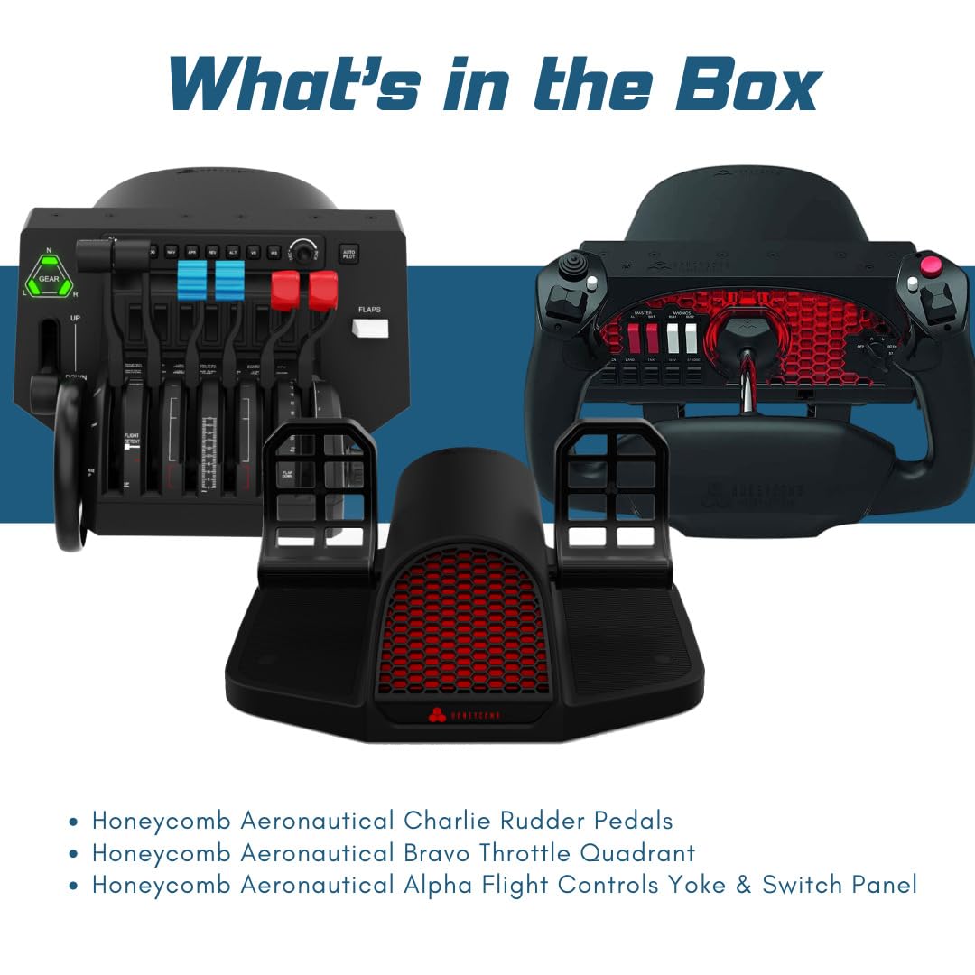 Honeycomb Aeronautical Charlie Rudder Pedals Bundle with Aeronautical Bravo Throttle Quadrant and Aeronautical Alpha Flight Controls Yoke and Switch Panel (3 Items)