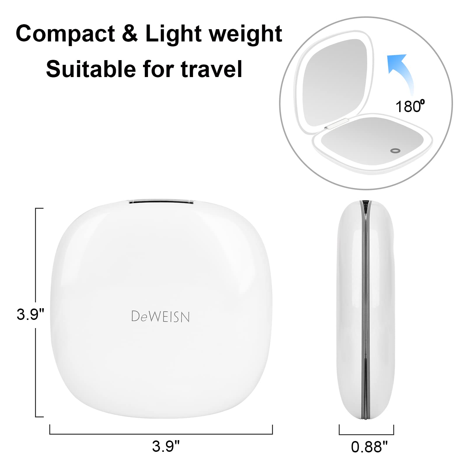 deweisn Compact Mirror, Lighted Travel Makeup Mirror with 1X/10X Magnifying Double Sided Dimmable Portable Pocket for Handbag and Pocket, USB Charging(White)