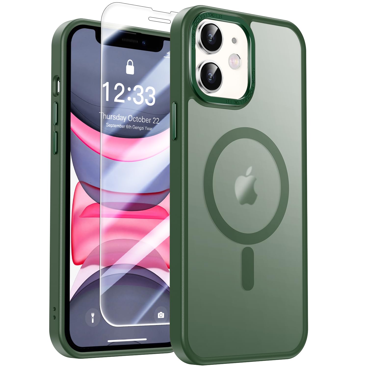 LUHOURI Magnetic for iPhone 11 Case with Screen Protector, Wireless Charging Compatible, Military Grade Drop Protection, Slim Fit Shockproof Translucent Matte iPhone 11 Phone Case 6.1" - Pine Green