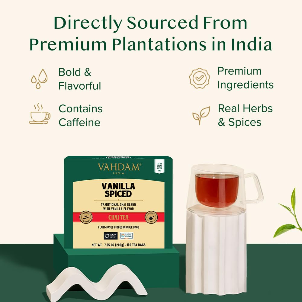 VAHDAM, Vanilla Spiced Chai Tea | 100 Tea Bags | Spiced Masala Chai Tea | Delicious Blend Of Vanilla Tea | Spiced Chai Tea Bag | Brew As Hot, Cold or Iced Tea