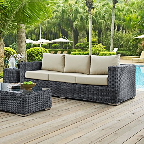 Modway Summon Wicker Rattan Outdoor Patio Sunbrella Sofa in Canvas Antique Beige