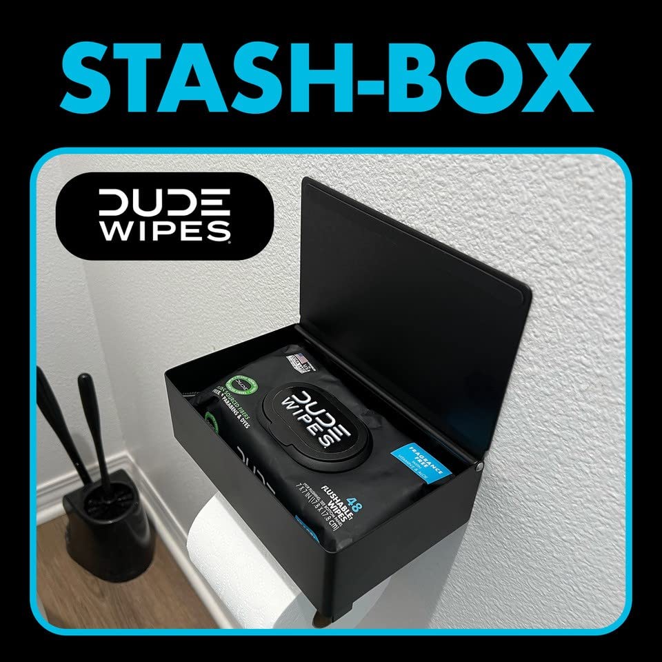 DUDE Wipes Stash Box - Toilet Paper and Flushable Wipes XL Wall Mounted Holder - Toilet Paper Storage Dispenser - Bathroom Tissue Holder Organizer with Shelf - Matte Black