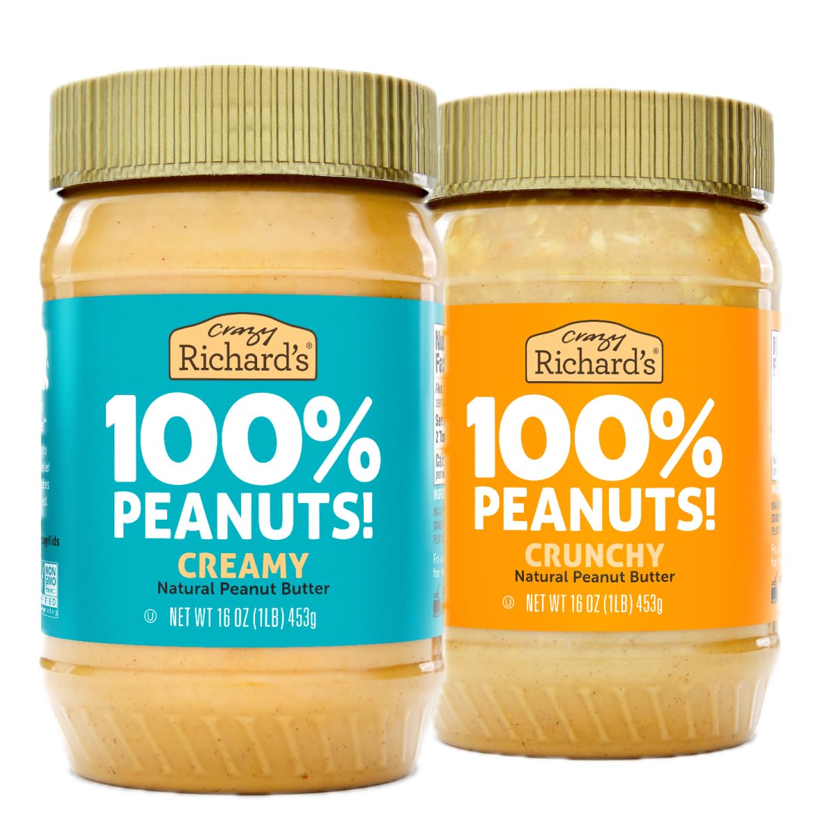 Crazy Richard's 100% All-Natural Vegan Creamy & Crunchy Peanuty Butter with No Added Sugar and Non-GMO Variety Pack (16 Ounce, Pack of 2)