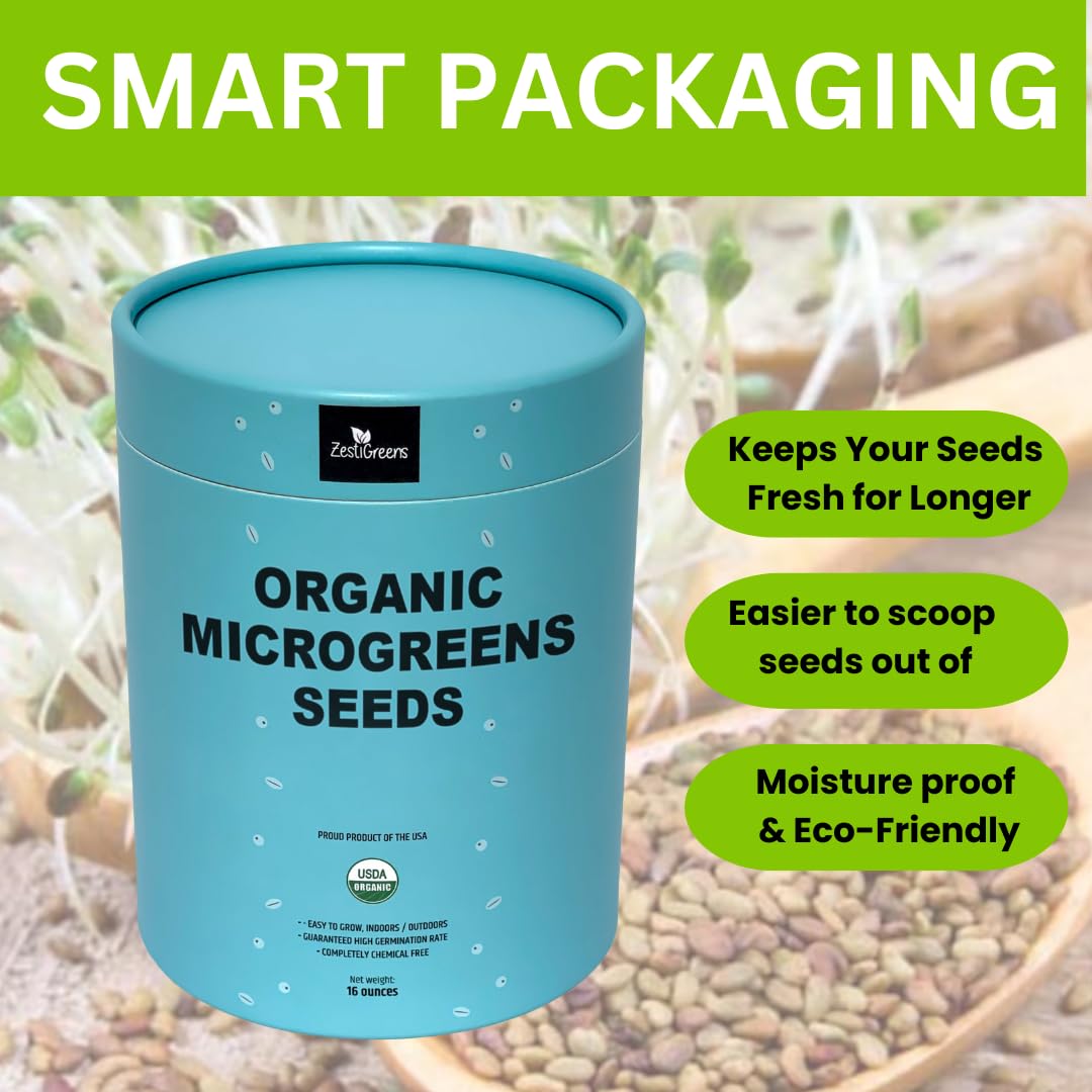 Superfood Microgreen Seeds Mix x 1lb. Non GMO Organic Broccoli, Kale, Kohlrabi, Arugula & Cabbage Seeds in Food Grade tin for Easier scooping & Keeping Fresher.