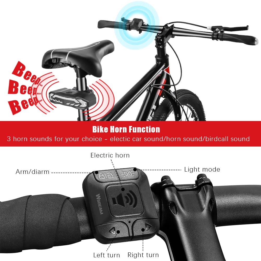 WSDCAM Smart Bike Tail Light with Turn Signals and Rear Brake Light, Bike Alarm Horn with Remote, Auto ON/Off Rechargeable Waterproof
