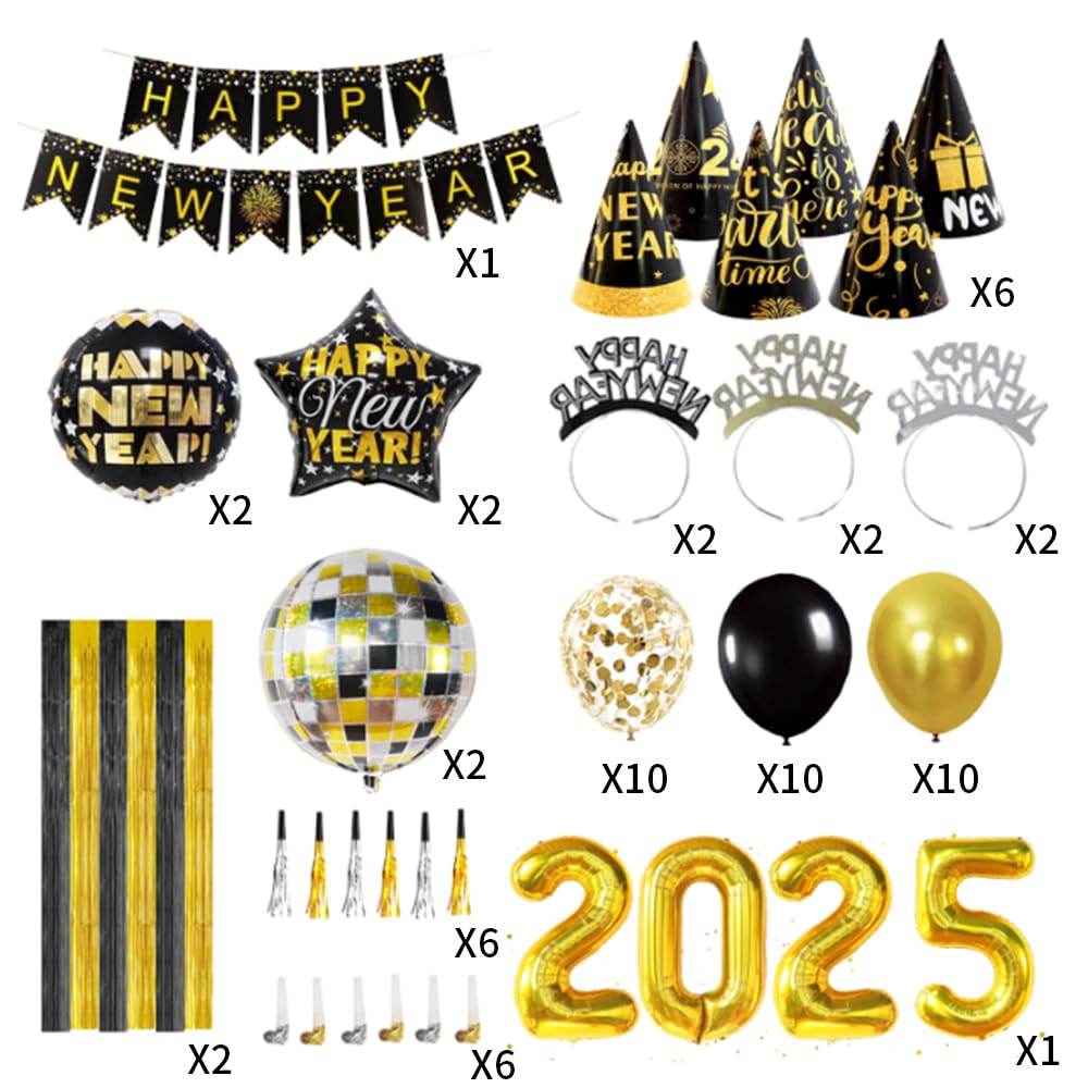 IMISHM Happy New Year Decorations 2025 New Years Party Decorations New Years Eve Party Supplies With Happy New Year Banner New Years Balloons Blowouts Squakers And Hats for New Years Decorations