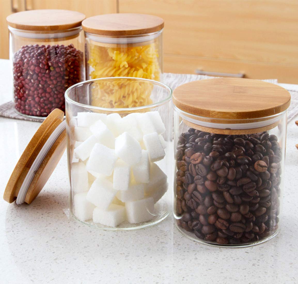 Lawei 4 Pack Glass Storage Jars with Airtight Bamboo Lids, 18.6 OZ Clear Glass Kitchen Canisters Food Storage Container for Dry Goods, Serving Tea, Coffee, Spice, Candy, Cookie