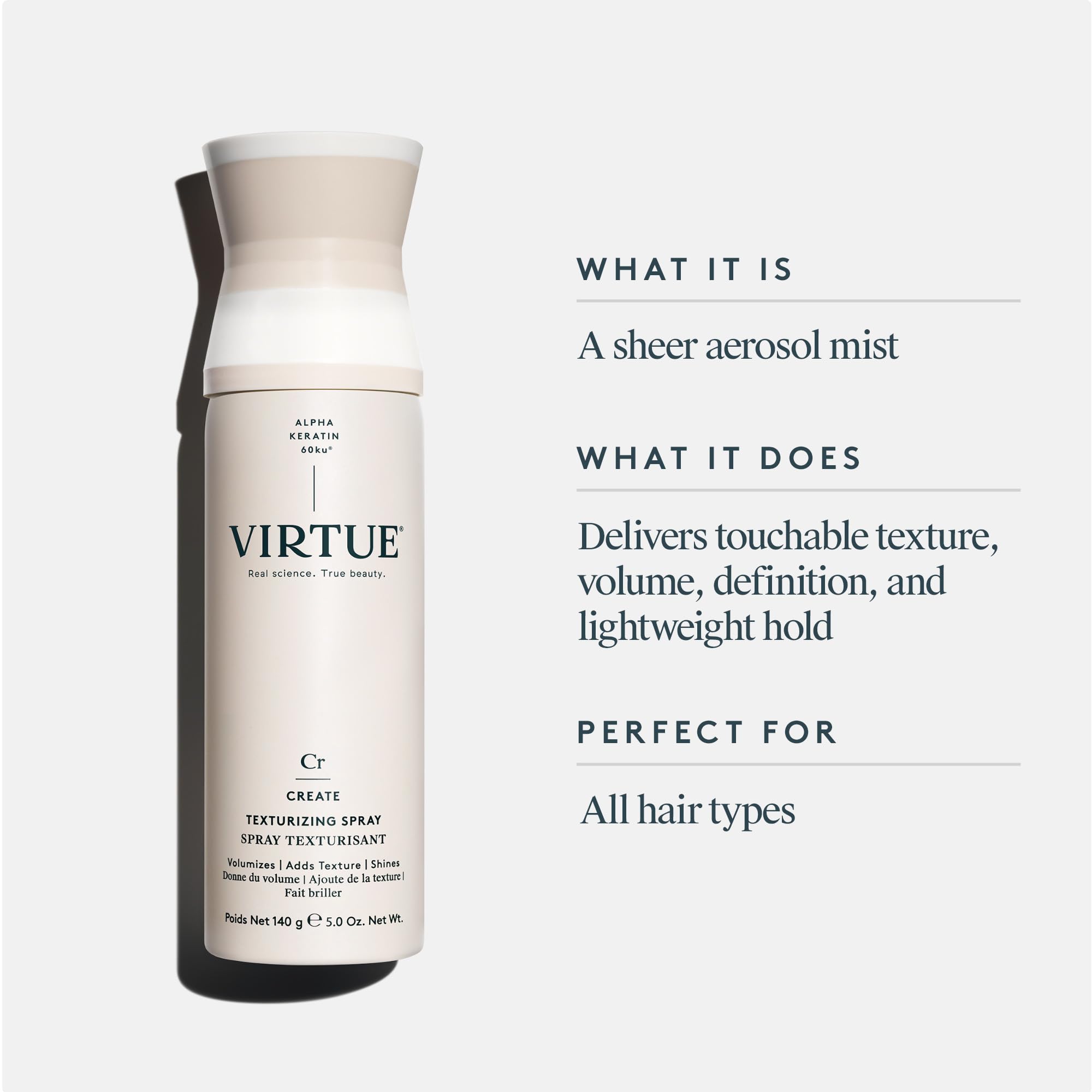 VIRTUE Texturizing Spray, Sulfate Free, Volumizes, Shines, Adds Texture, Color Safe, 5 Oz