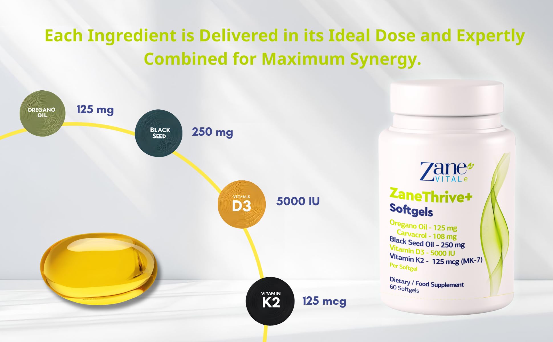 ZaneThrive+ Vitamin D3 & K2, Oregano Oil, Black Seed Oil Supplement - High Potency - Immune & Bone Wellness - with Carvacrol & Thymoquinone - Non-GMO, Gluten-Free - 60 Softgels by Zane Vital.