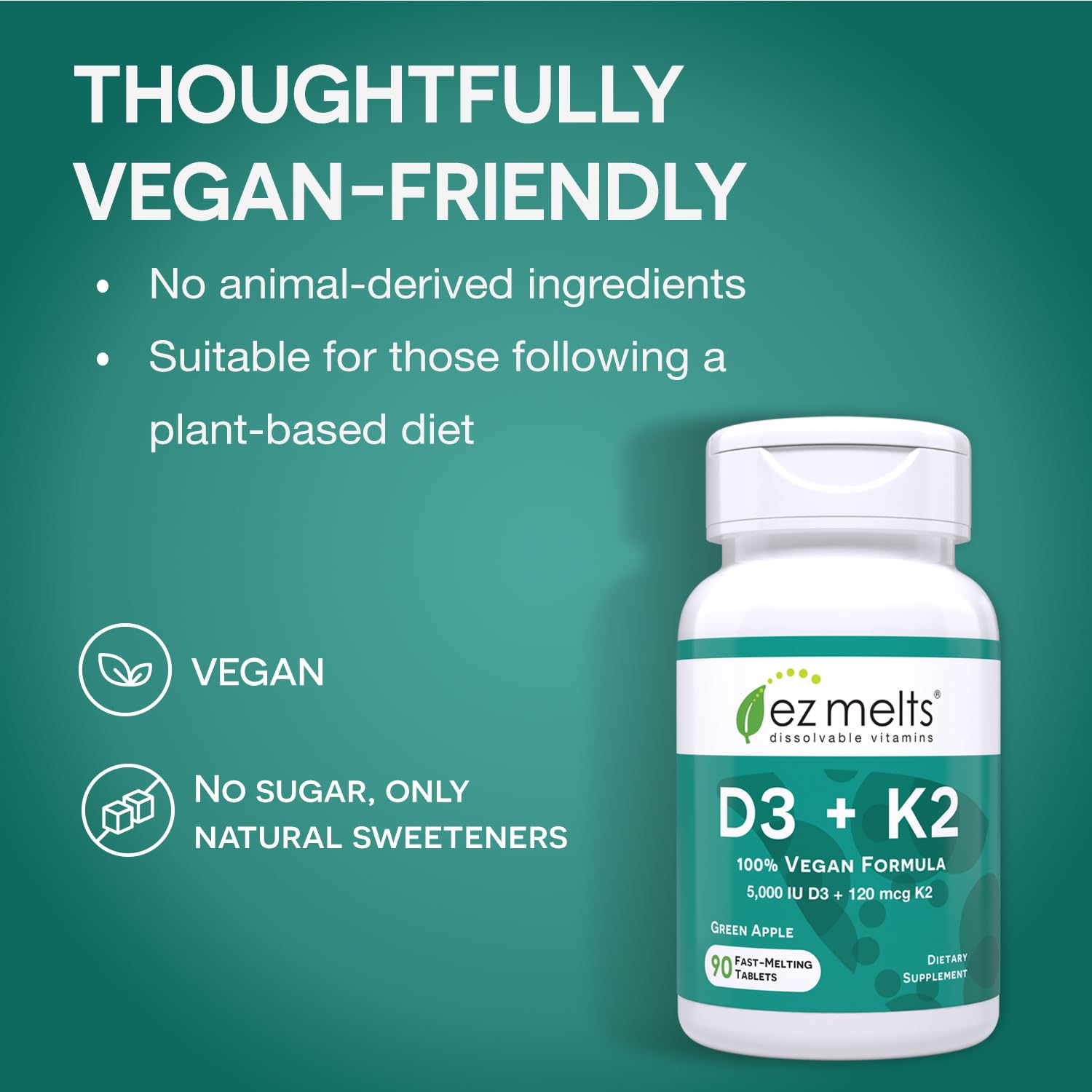 EZ Melts Dissolvable Vitamin D3 K2 5,000 IU, Bone & Joint Support, Sugar-Free, 3-Month Supply