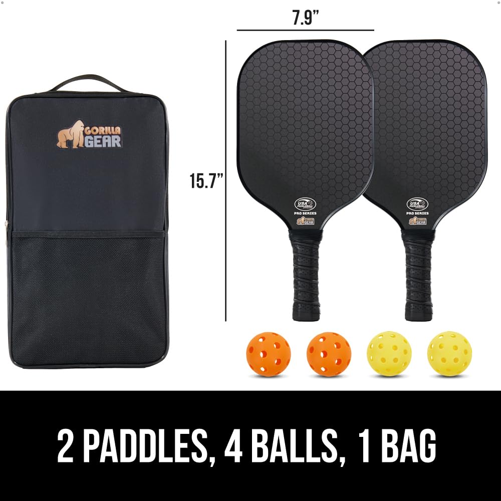 Gorilla Gear USAPA Pickleball Approved Paddle, Fiberglass Shock Absorbent Racket with Ergonomic Grip, Indoor Outdoor Pickle Ball Court Sports Accessories, Set of 2 Paddles 4 Balls and 1 Bag, Black