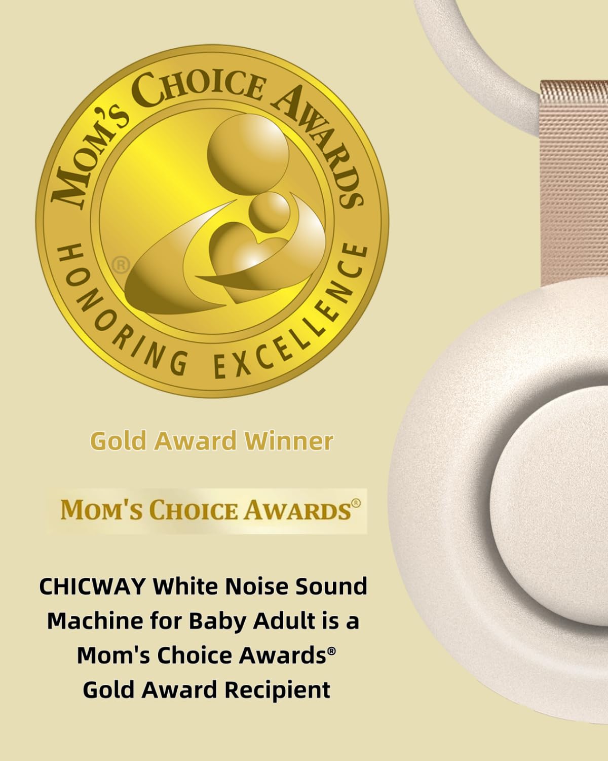 CHICWAY 2025 Mom's Choice Awards, Portable Sound Machine for Baby Adult, AI Cry Detection, 18 Soothing Sound, Bluetooth Rechargeable White Noise Machine for Home Office Travel, Nursery Light, Gray