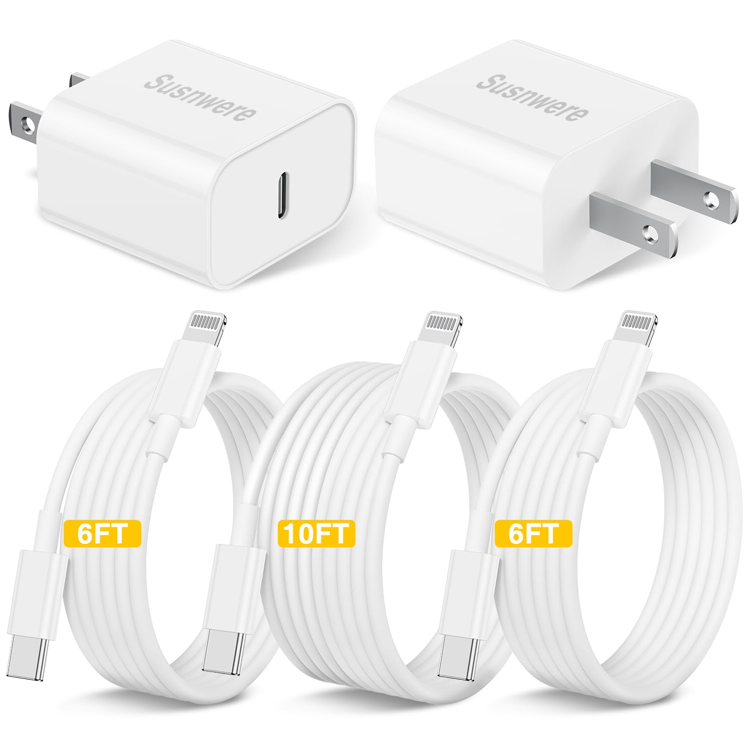 Susnwere iPhone 14 13 12 Charger Fast Charging,2Pack 20W Fast PD USB C Wall Charger Adapter with 3Pack( 10Ft + 6Ft x2)USB C to Lightning Cable(MFi Certified) for 14/14 Plus/14 Pro/14 Pro Max/13/ White