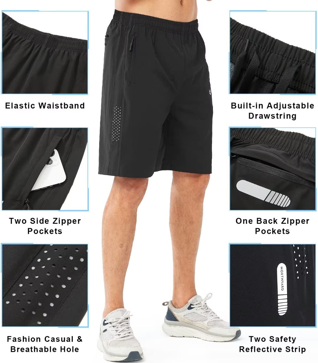 NORTHYARD Men's Athletic Running Shorts Quick Dry Workout Shorts 7"/ 5"/ 9" Lightweight Sports Gym Basketball Shorts Hiking Exercise Black-9inch XL