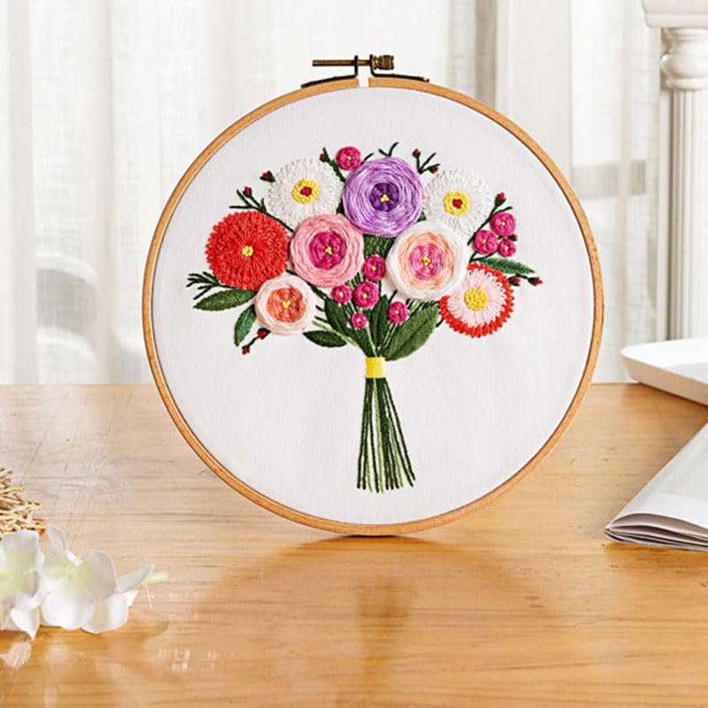 KomoDomo 5 Sets Embroidery Kit for Beginners Learn to Embroider Kit Adult Beginner Embroidery Starter Kit with Pattern and Instruction Cross Stitch Set Kids Embroidery Kit (A Bunch Flowers 5P)