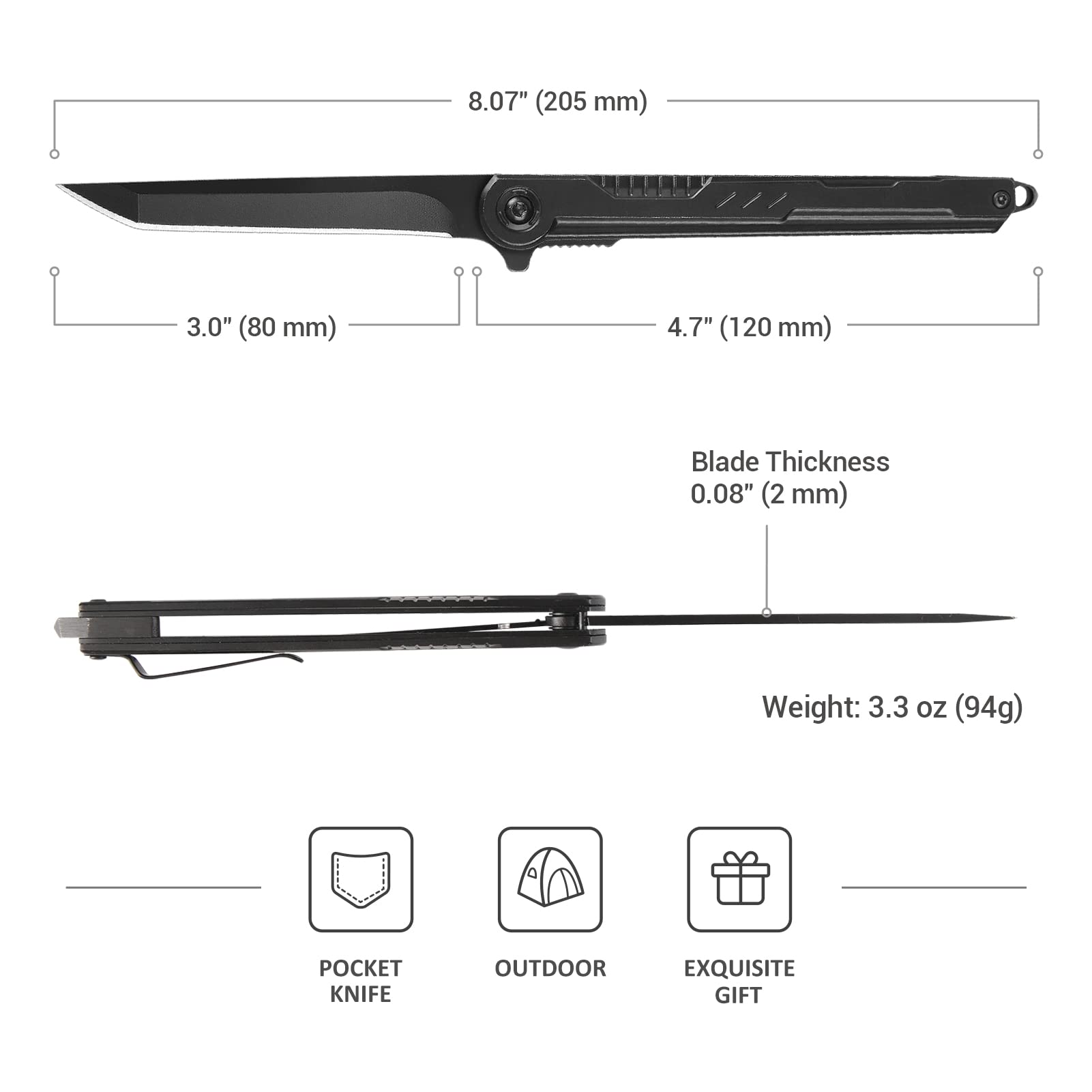 FUNBRO EDC Pocket Knife - 7CR13Mov Steel Tanto Blade, Slim Survival Knife with Clip and Liner Lock, Window Breaker - For Outdoor Camping