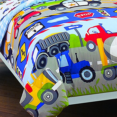 dream FACTORY Trucks Tractors Cars Boys 5-Piece Bedding Comforter Sheet Set, Twin Blue Red Multi