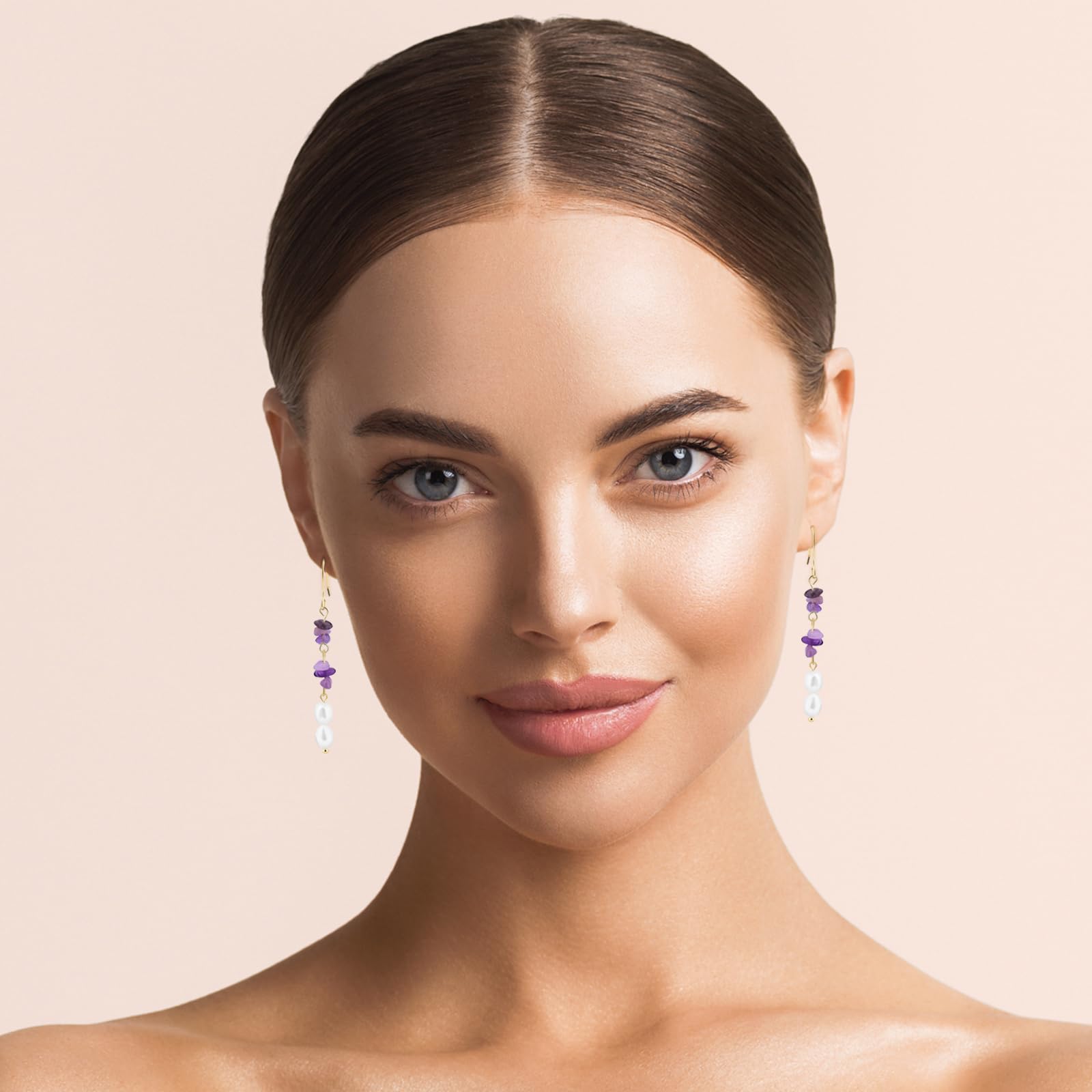 Gold Plated Amethyst Earrings Pretty Purple Earrings Dangle Pearls Hypoallergenic Crystal Nature Earrings for Women Trendy