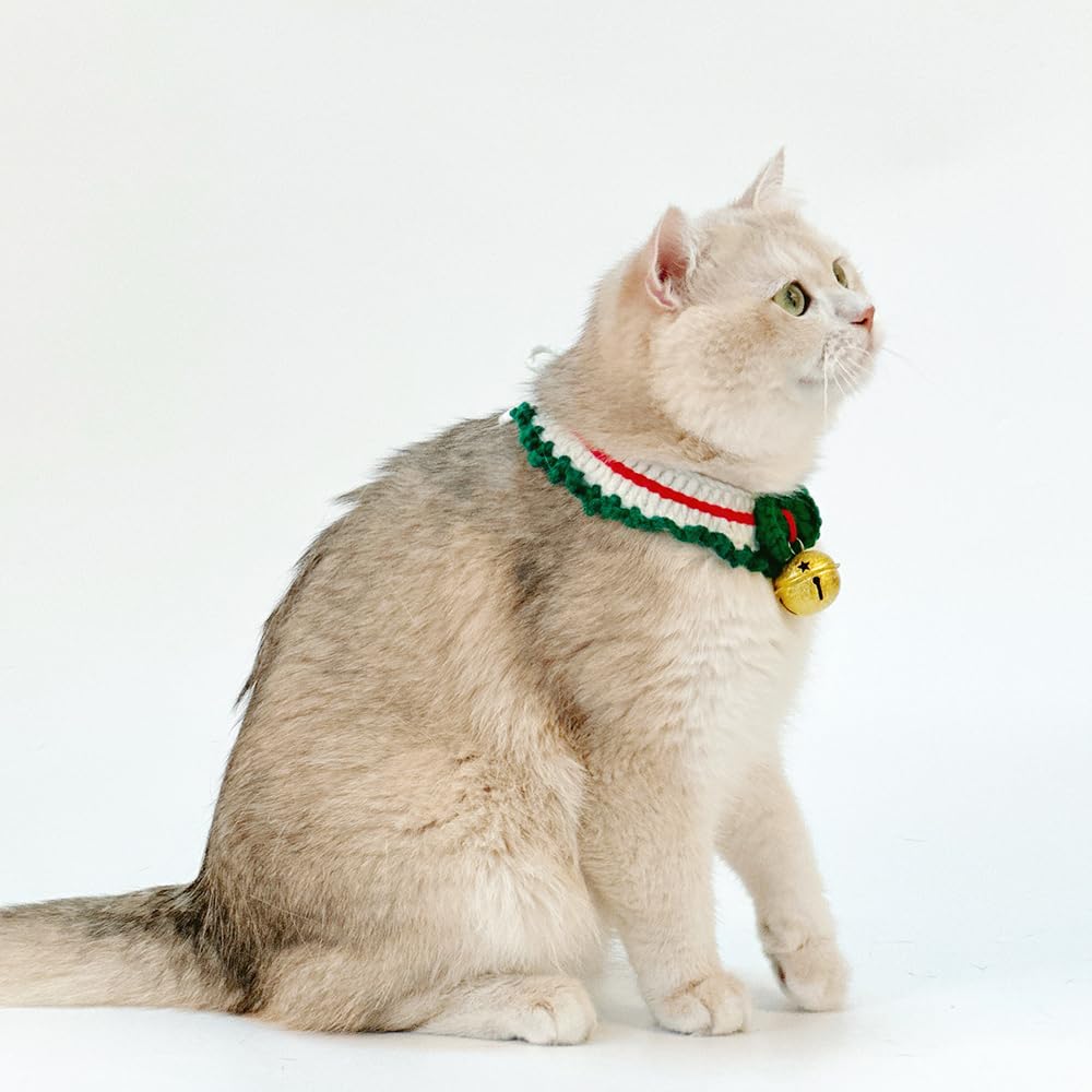 Christmas Cat Collar with Bells – Cozy Knit Holiday Scarf for Cats, Christmas Dog Collar Alternative for Small Dogs, Soft Festive Pet Costume for Winter Photos & Gifts (S)