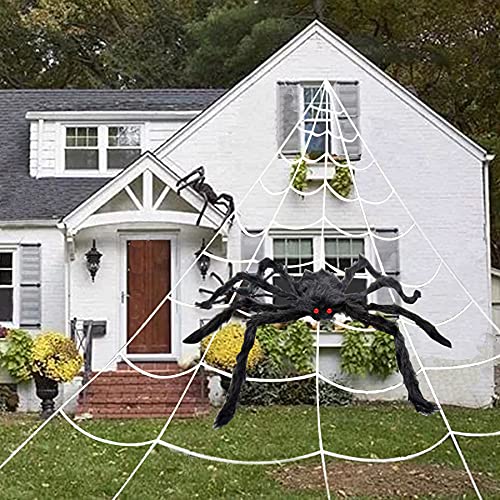 Easeen Halloween Spider Decorations, 50" Scary Giant Spider with 200" Triangle Web & 2×20gr Spider Webs, Large Hairy Spider Props for Halloween Creepy Decor Indoor, Outdoor, Party, Window, Wall, Yard