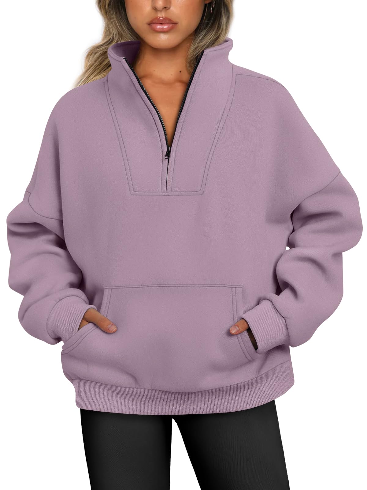 Trendy Queen Sweatshirts Half Zip Pullover Quarter Zip Oversized Hoodies Sweaters Comfy Fall Outfits 2024 Y2K Winter Clothes GreyPurple S