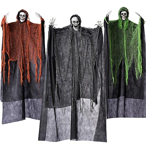 JOYIN 3 Pcs Halloween Hanging Grim Reapers, one 63” Two 47” Grim Reapers, Halloween Skeleton Flying Ghost for Halloween Outdoor Decoration, Haunted Haunted House Prop, Halloween Party Supplies Decor