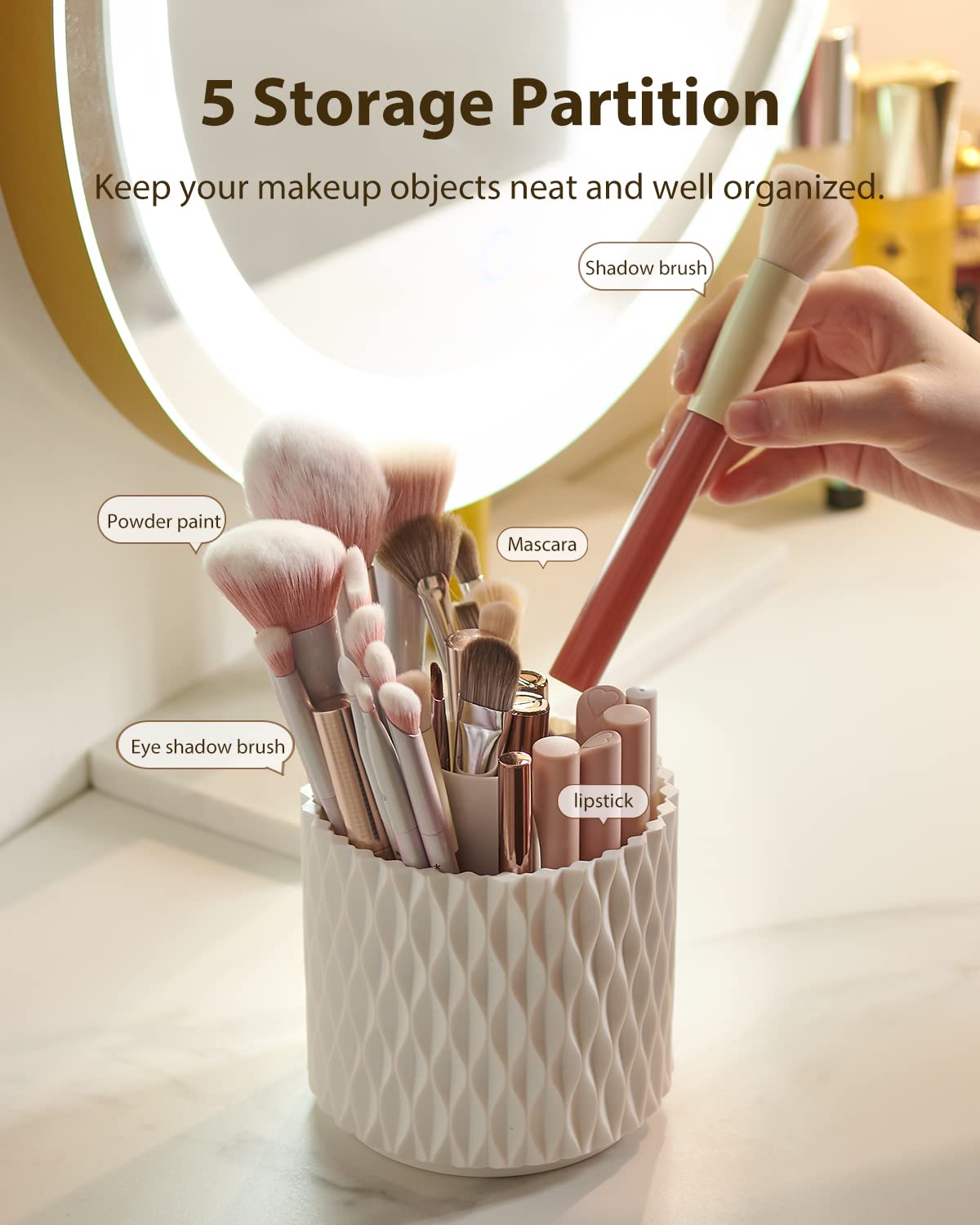DooGooCoo Makeup Brush Holder [Upgrade] [Dustproof & Waterproof] 360 Rotating Cosmetics Make up Brush Organizer Storage with Lid for Vanity