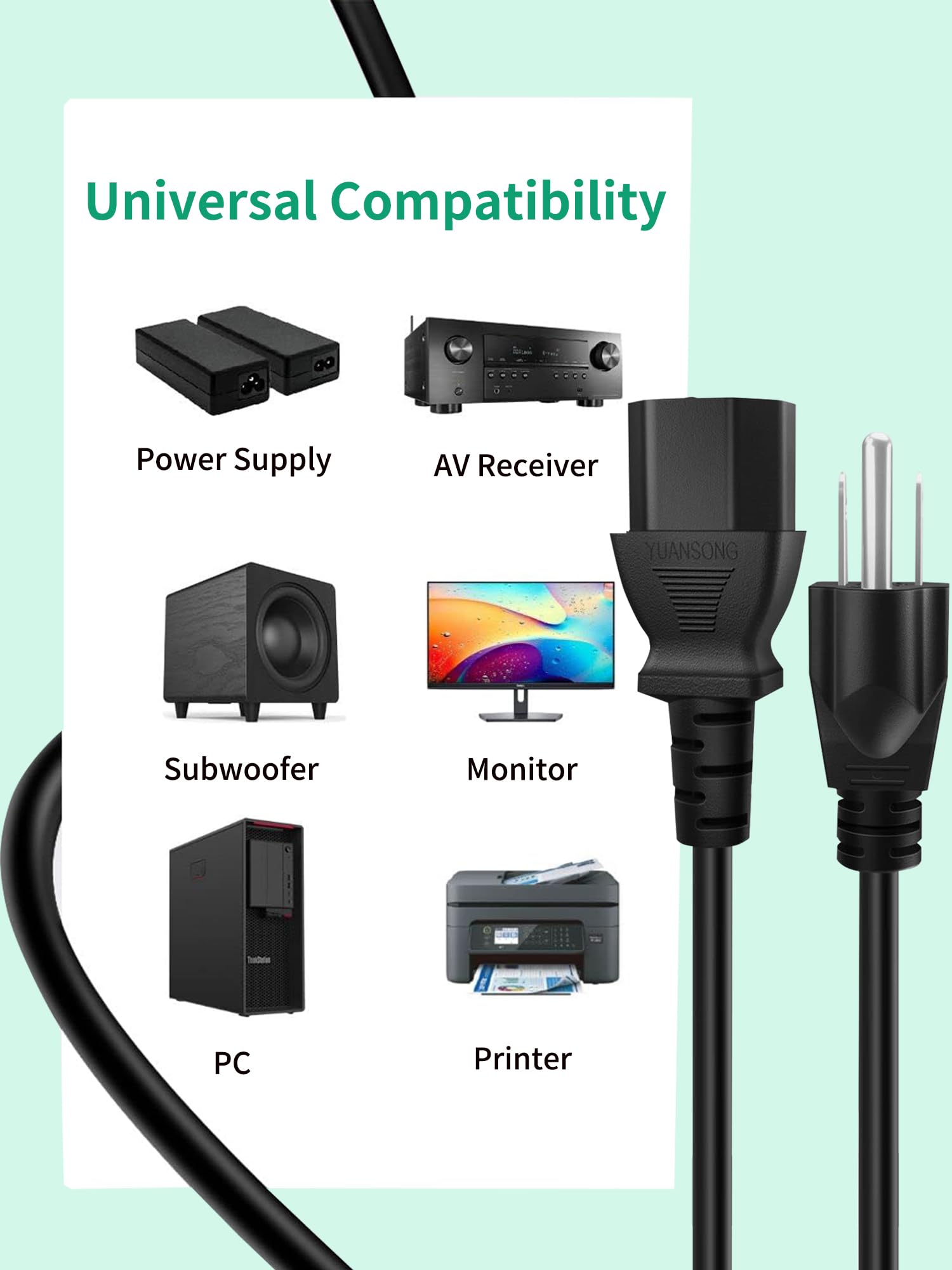 FITE ON AC Power Cord Compatible with Redliro Walking Pad Treadmill Under Desk, 6FT Power Cable for Portable Mini Treadmill with Remote Control