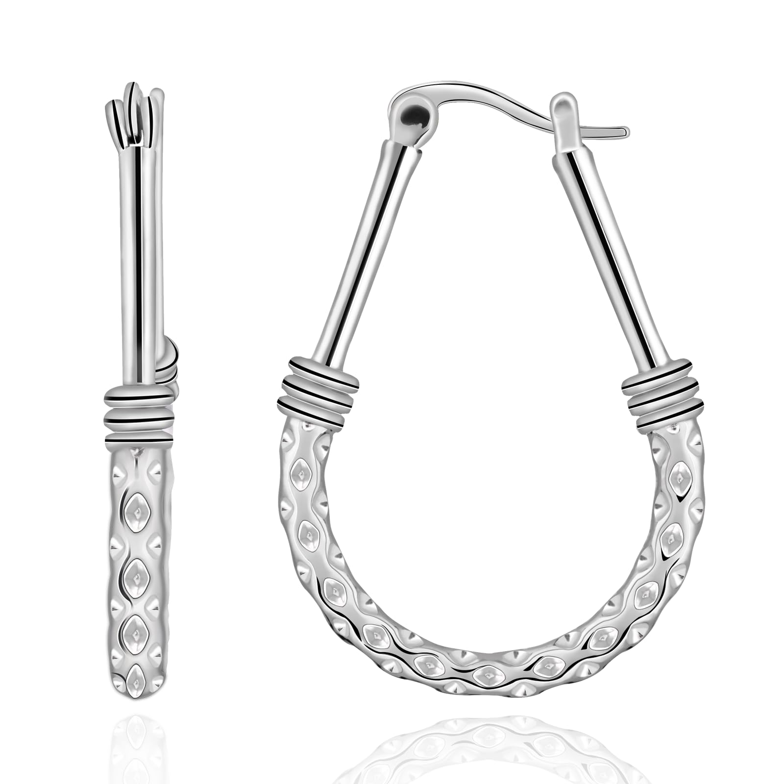 Oval Hoop Earrings S925 Sterling Silver Earrings Two-Tone Diamond-Cut Texture Italian Jewelry for Women Classic Hammer Silver Hoop Earrings for Women