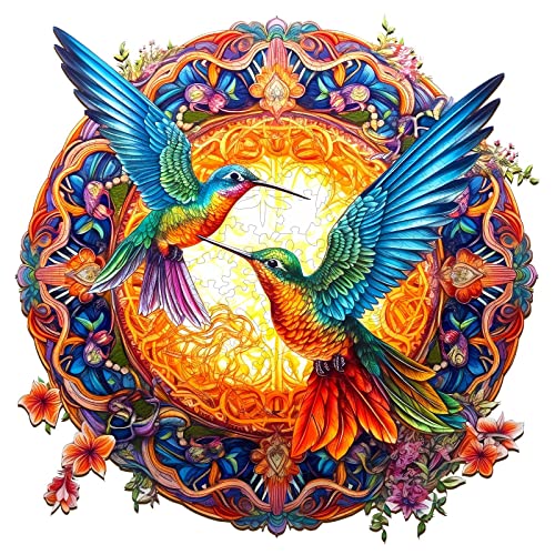 WOODBESTS Wooden Jigsaw Puzzle for Adults, Mandala Hummingbird Puzzle (S, 100pcs, 7.9"x7.9") Beautiful Wooden Box, Puzzle Wood Unique Shape, Birthday Gifts for Adults and Kids Family Game