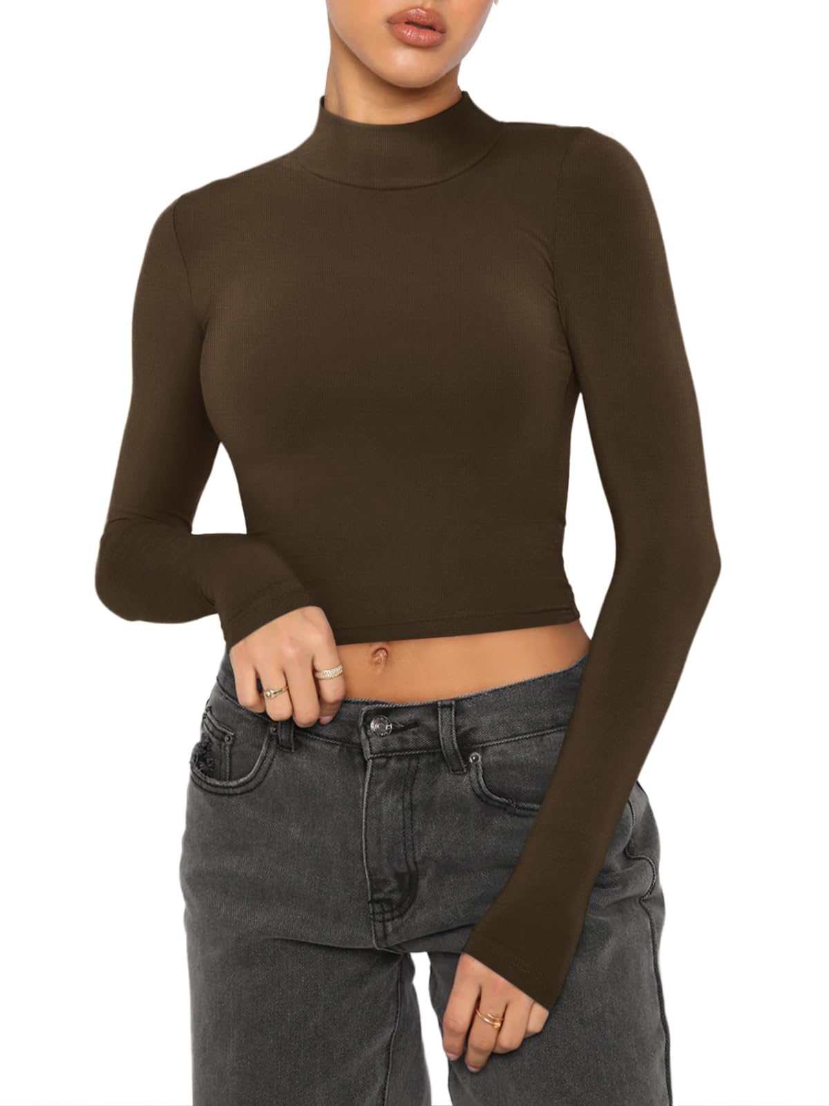 REORIA Women's Cute Basic Mock Turtleneck Long Sleeve Ribbed Tight Tshirts Crop Tops Turtle Necks Coffee Small