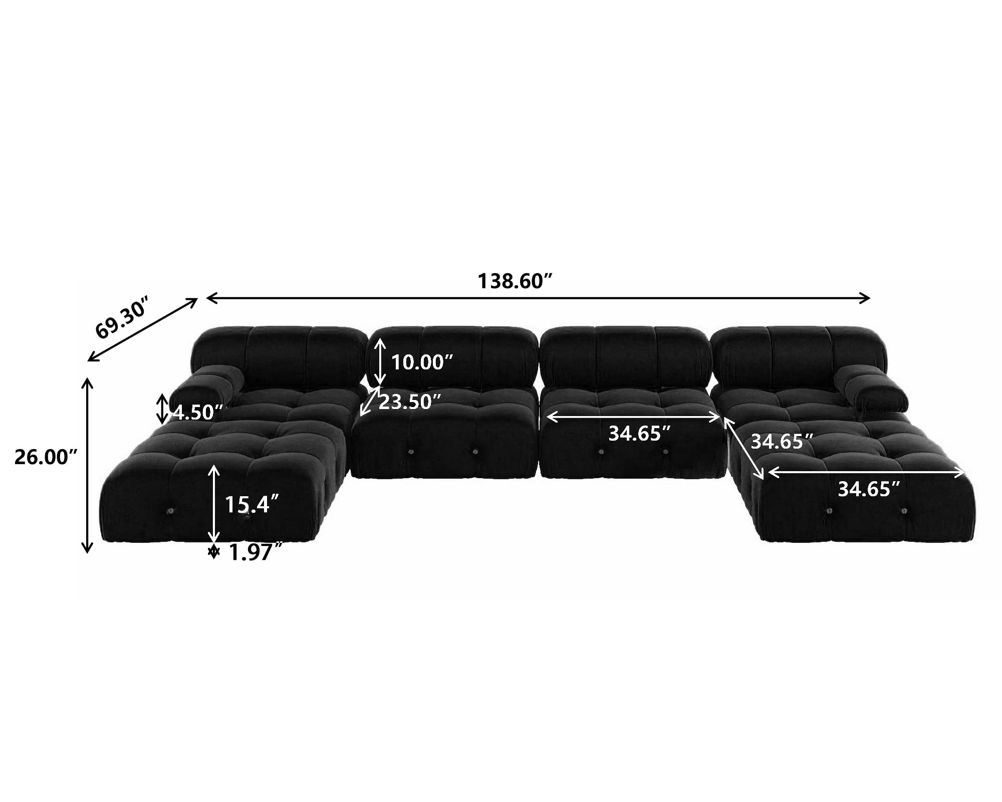 JACH 138" Black Sectional Couches, U-Shaped Minimalist Velvet Sofas, Convertible Modular Sofa, Luxury Modern 6-Seats Couch Sectional with Chaise Ottomans for Living Room Bedroom Office Apartment