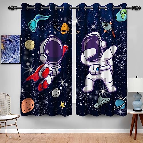 Baocicco Space Astronaut Curtains for Boys Bedroom Cartoon Rockets Planets Spaceman Grommet Window Drapes Cosmic Adventure Cosmonaut Outer Space Curtains 2 Panels 42x108 Inch