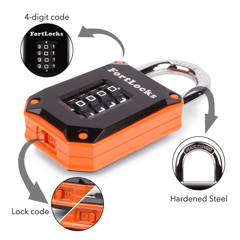 FortLocks 2 Pack Orange 4-Digit Combination Lock - Heavy Duty, Waterproof, Resettable