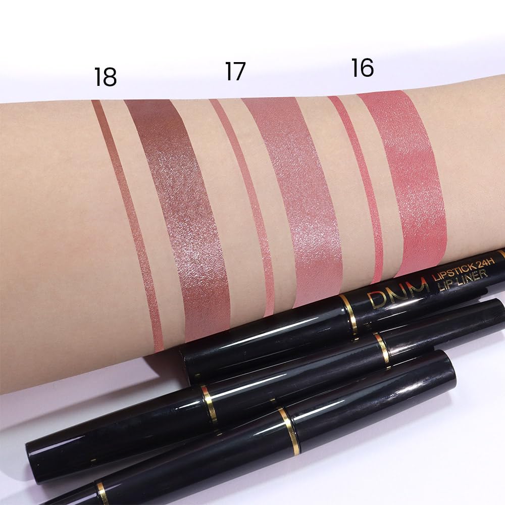 evpct 3Pcs Light Pink Nude Brown Metallic Shine Shimmer Lip Liner and Lipstick Combo Set Kit for Women, DNM Lightweight Hydrating Formula High Impact Full Coverage Lipstick and Lip Liner Makeup Gloss