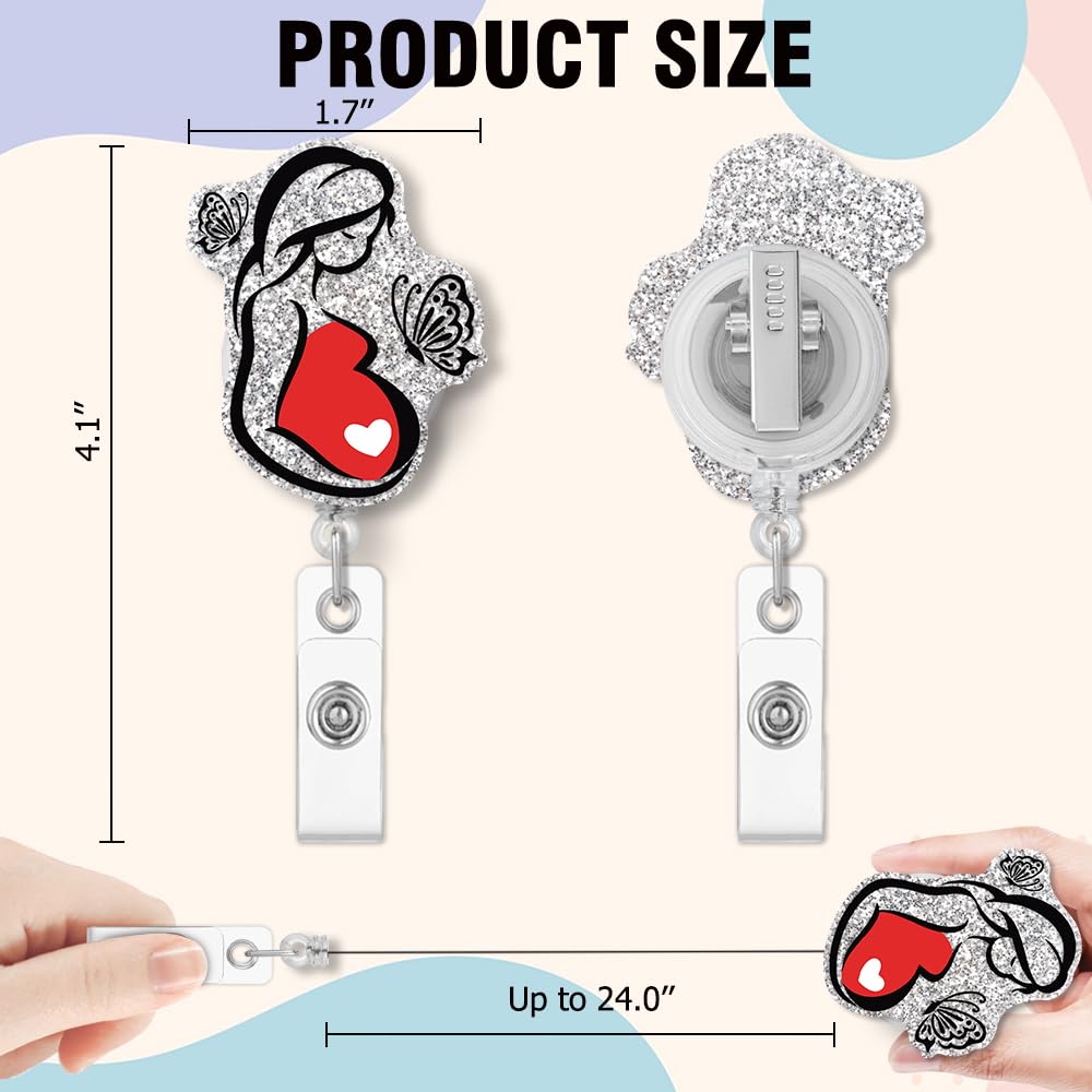 QYUVK Retractable Pregnant Mommy Badge Reel with Alligator Clip, Funny Silver Glitter New Mom Badge Holder Gift for Doctors Nurses L&D Nurse Labor and Delivery OB RN EN NICU