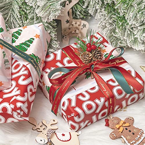 WRAPAHOLIC Reversible Christmas Wrapping Paper - Mini Roll - 17 Inch X 33 Feet - Christmas Tree and Joy Lettering Design for Holiday, Party, Celebration