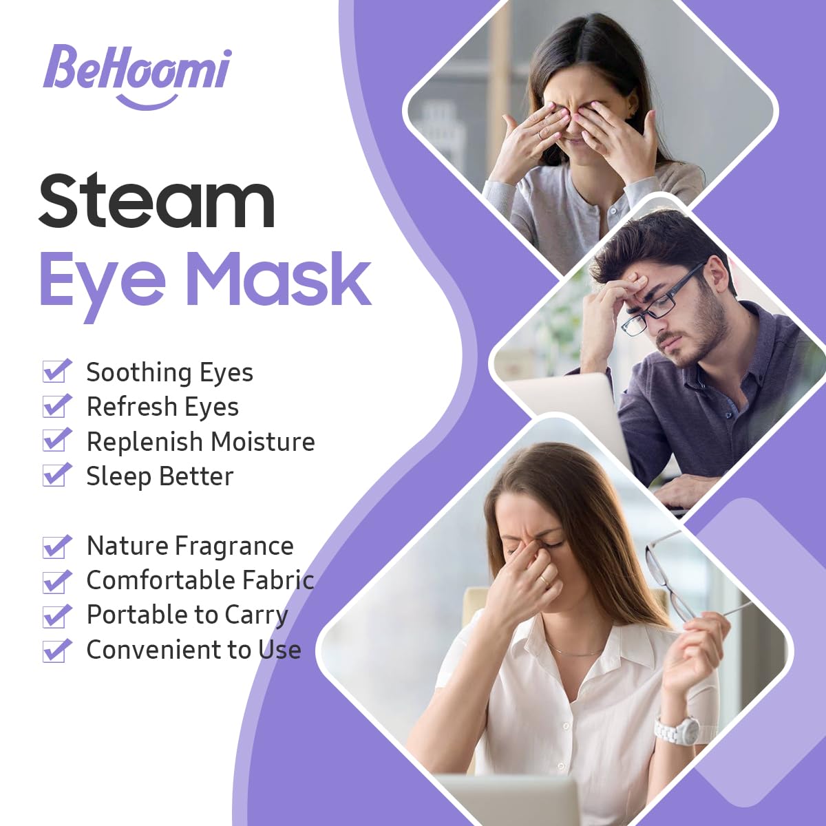 BeHoomi Steam Eye Mask, 10 Packs Heated Eye Mask, Self Heating Disposable SPA Warm Compress for Eyes Sleep Mask, Travel Essentials & Relaxation Gifts, Stocking Stuffers (Lavender Scent)