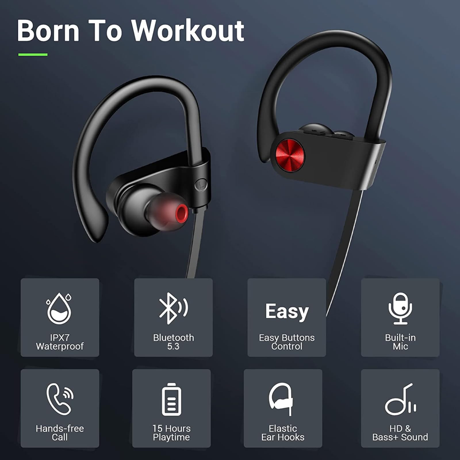 VRIFOZ Bluetooth Headphones, Bluetooth 5.3 IPX7 Waterproof Wireless Sports Earbuds for Workout Gym, 16 Hrs Playtime Running Headphones with Noise Cancelling Mic, HiFi Bass Stereo in-Ear Earphones