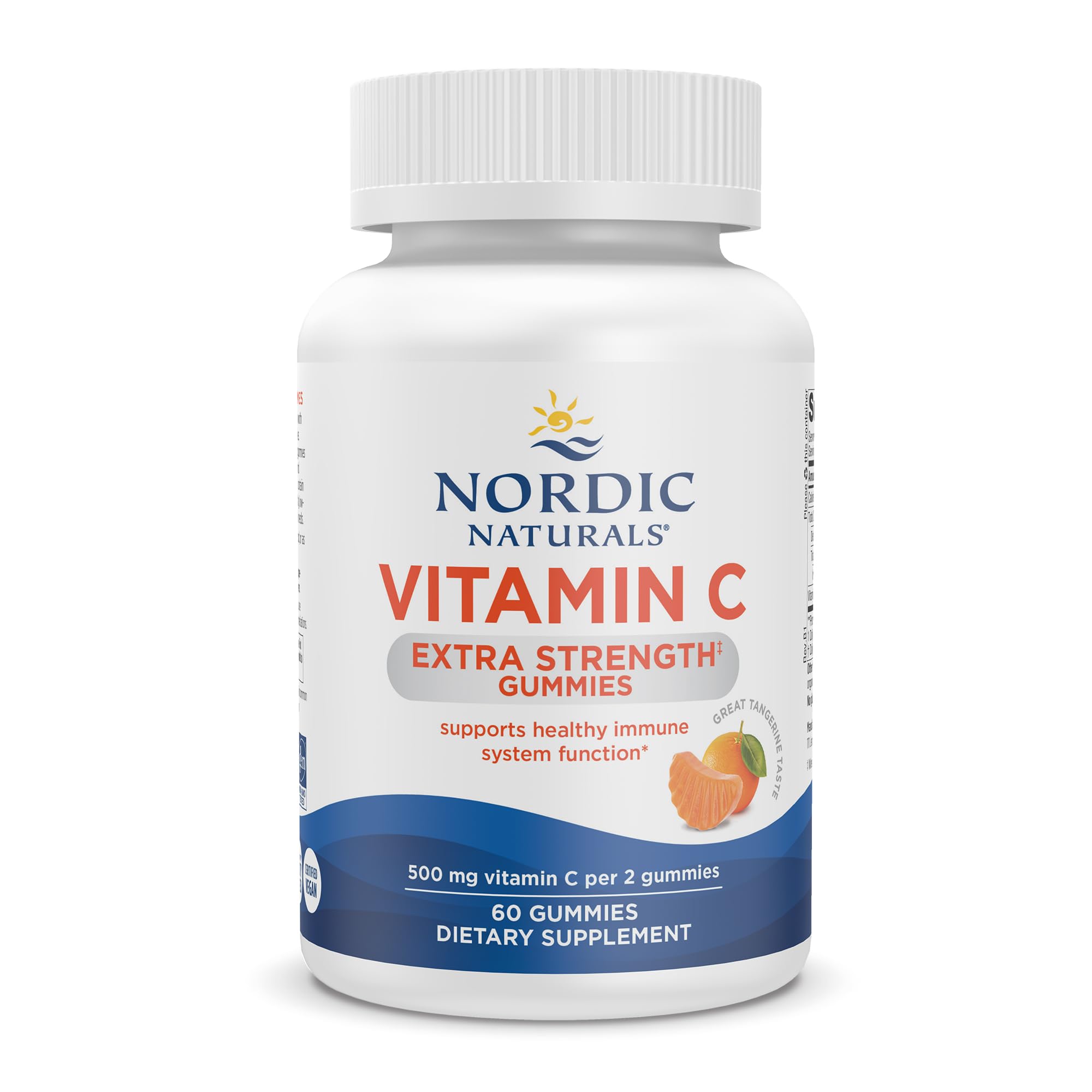 Nordic Naturals Vitamin C Extra Strength Gummies - Tangerine Flavor - 60 Gummies - 500 mg Vegan Vitamin C Supplement - Low-Sugar Immune-Support Gummies - 30 Servings