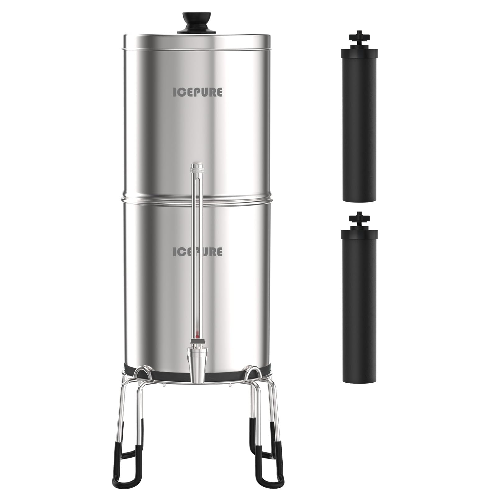 ICEPURE Gravity-fed Water Filter System, 2.35G Stainless-Steel 304 Countertop Filter System with 2 Black Carbon Filters, Providing Clean&Clear&Fresh Water, Used for Camping, RVing, Emergencies, Home