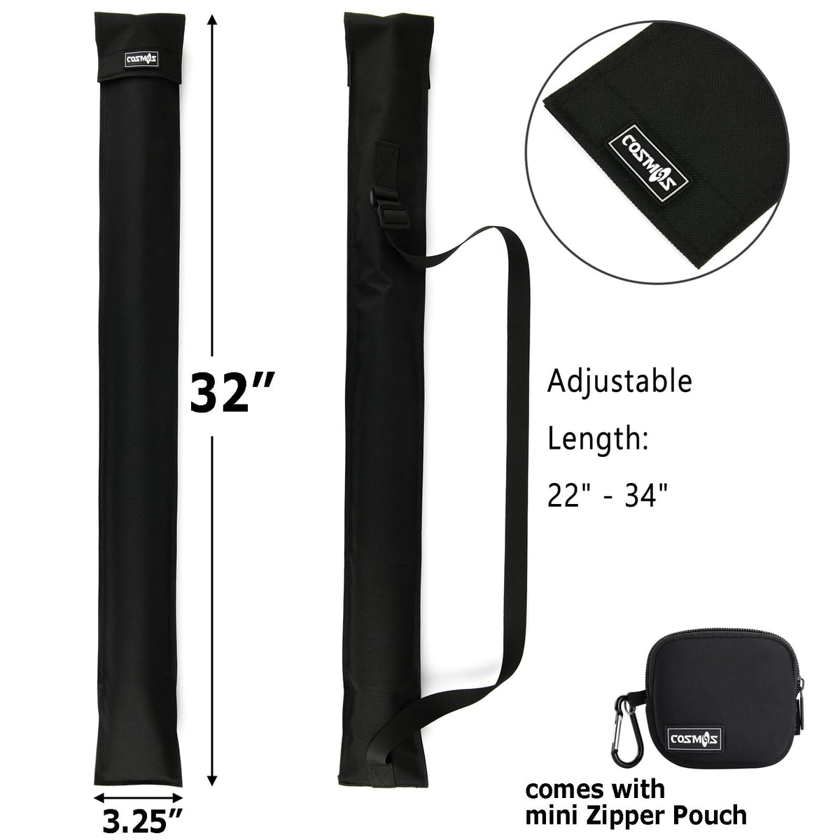 Cosmos Cue Stick Carrying Bag for 1/2 Billiard Stick Storage, 32 Inches Black Color, with Mini Zipper Storage Pouch