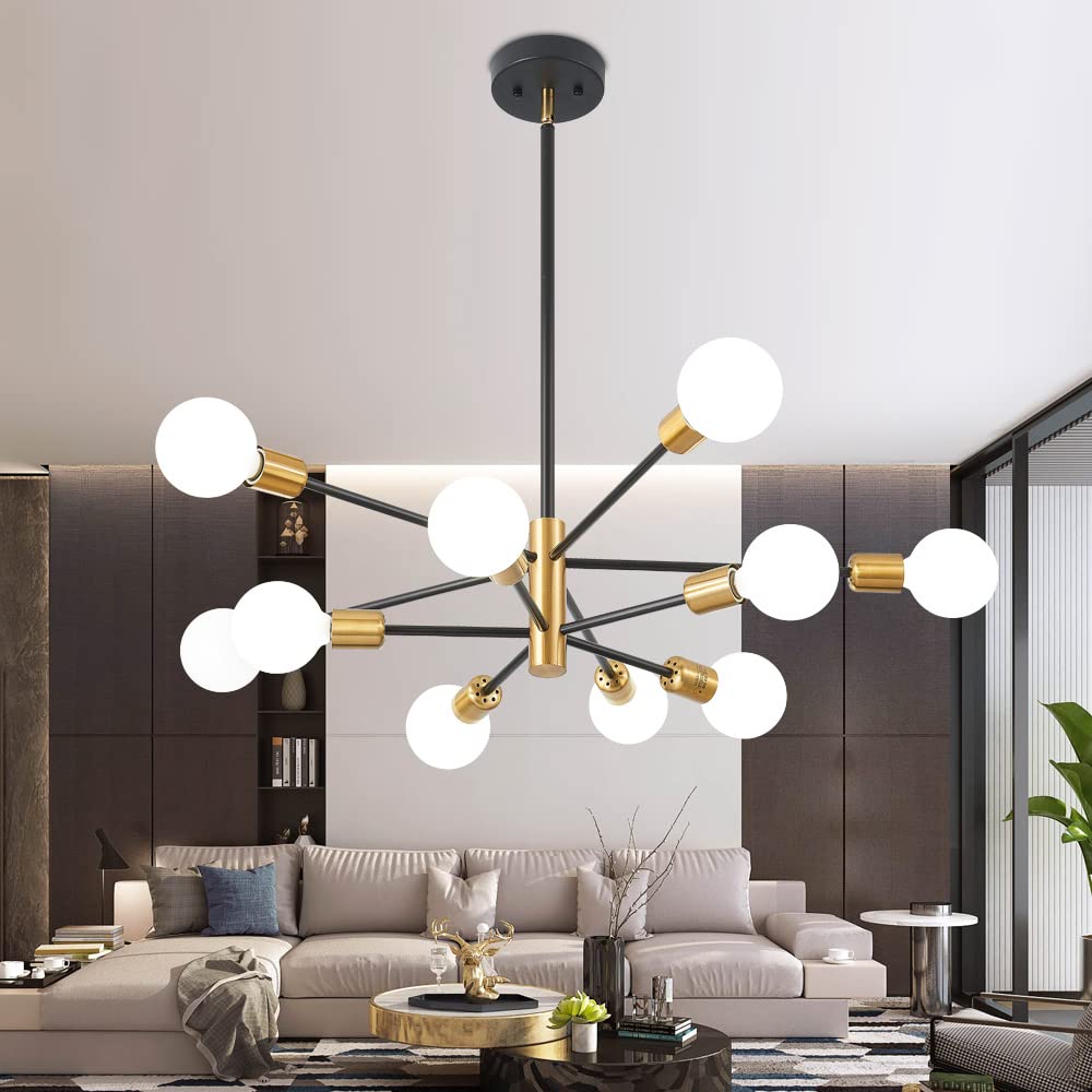 Deyidn Sputnik Chandeliers Black and Gold Chandelier Modern Pendant Light Fixture Mid Century Industrial Ceiling Lighting 10 Lights for Dining Room, Kitchen, Bedroom, Living Room and Farmhoue