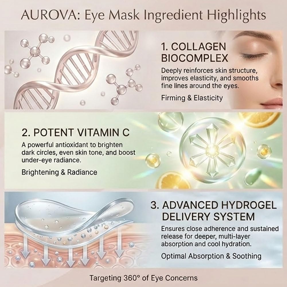 Aurova Beauty Eye Mask, 360° Full-Eye Lift Mask, Eye Mas with Collagen & Vitamin C, Nourishing & Non Irritating, for Puffy Eyes and Dark Circles (7 Pairs/14 Pieces)