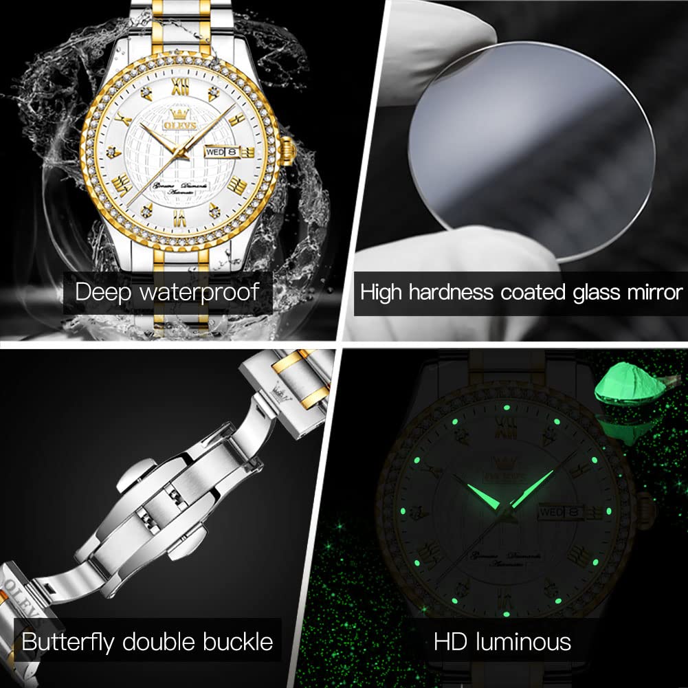 OLEVS Watches for Men Diamond Automatic Two Tone Stainless Steel Mens Watches Self Winding Luxury Business Day Date Waterproof Luminous Wristwatch White