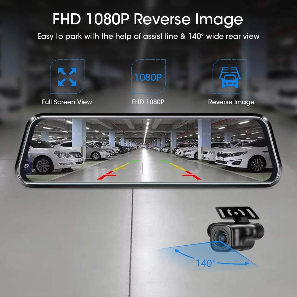 10'' Mirror Dash Cam Night Vision 1080P FHD Full Touch Screen Front and Rear View Backup Camera for Cars Loop Recording Streaming Media 170°Wide Angle Parking Assistance with 10 Meters Cable